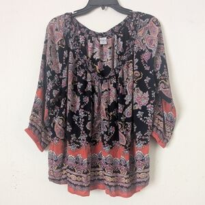 Bila Paisley Print 3/4-Sleeve Top, Navy & Coral. XL